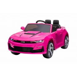 Voiture électrique Chevrolet Camaro, rose, sous licence d'origine, alimenté par batterie 12 V, portes qui s'ouvrent, Siège en cuir artificiel, moteur 2x 35 W, lumières LED, télécommande 2,4 Ghz, roues EVA souples, démarrage en douceur