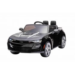 Voiture électrique Chevrolet Camaro, noire, sous licence d'origine, alimenté par batterie 12 V, portes qui s'ouvrent, Siège en cuir artificiel, moteur 2x 35 W, lumières LED, télécommande 2,4 Ghz, roues EVA souples, démarrage en douceur