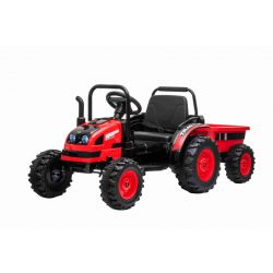 Tracteur électrique POWER avec remorque, rouge, traction arrière, batterie 12V, roues en plastique, siège large, télécommande 2,4 GHz, lecteur MP3 avec USB,  éclairage LED