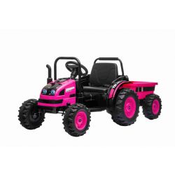 Tracteur électrique POWER avec remorque, rose, traction arrière, batterie 12V, roues en plastique, siège large, télécommande 2,4 GHz, lecteur MP3 avec USB, éclairage LED