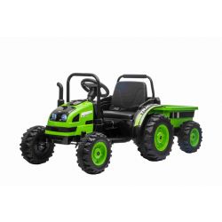 Tracteur électrique POWER avec remorque, vert, traction arrière, batterie 12V, roues en plastique, siège large, télécommande 2,4 GHz, lecteur MP3 avec USB,  éclairage LED