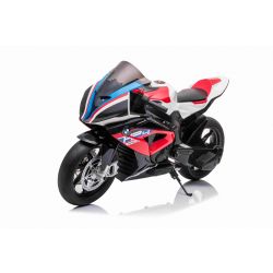 Moto électrique BMW HP4 RACE 12V, sous licence, rouge, batterie 12V, roues souples EVA, moteurs 2 x 35W, suspension, cadre en métal, fourche en métal, roues auxiliaires