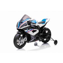 Moto électrique BMW HP4 RACE 12V, sous licence, blanche, batterie 12V, roues souples EVA, moteurs 2 x 35W, suspension, cadre en métal, fourche en métal, roues auxiliaires