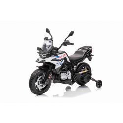 Moto électrique BMW F850 GS, sous licence, batterie 12 V, roues souples EVA, moteurs 2 x 35 W, feux LED, roues auxiliaires, lecteur MP3 avec entrée USB/Aux, blanc