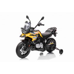 Motorbike électrique BMW F850 GS, sous licence, batterie 12V, roues souples EVA, moteurs 2 x 35W, lumières LED, roues auxiliaires, lecteur MP3 avec entrée USB / AUX, jaune