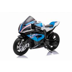 Moto électrique BMW HP4 RACE 12V, sous licence, bleue, batterie 12V, roues souples EVA, moteurs 2 x 35W, suspension, cadre en métal, fourche en métal, roues auxiliaires