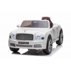 Voiture électrique à enfourcher Bentley Mulsanne 12V, blanche, siège en similicuir, télécommande 2,4 GHz, roues Eva, entrée USB / Aux, suspension, batterie 12V / 7Ah, lumières LED, roues souples EVA, moteur 2 X 35W, licence ORIGINALE
