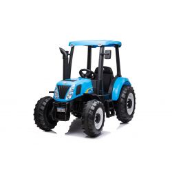 Tracteur électrique porteur NEW HOLLAND-T7 12V, bleu, monoplace, siège en cuir, lecteur MP3 avec entrée USB, propulsion arrière, moteur 2x 35W, roues EVA, télécommande 2,4 GHz, licence d'origine