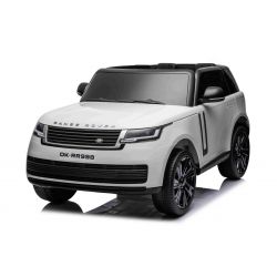 Voiture électrique à chevaucher Range Rover modèle 2023, deux places, blanc, sièges en similicuir, radio avec entrée USB, propulsion arrière avec suspension, batterie 12V7AH, roues EVA, démarreur à clé, télécommande 2,4 GHz, sous licence