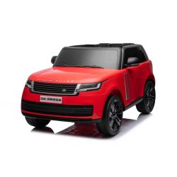 Voiture électrique à chevaucher Range Rover modèle 2023, deux places, rouge, sièges en similicuir, radio avec entrée USB, propulsion arrière avec suspension, batterie 12V7AH, roues EVA, démarreur à clé, télécommande 2,4 GHz, sous licence