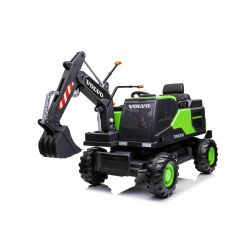 Voiture électrique à conducteur porté Volvo Excavator 12V avec poche de pelle avant, siège unique, vert, siège en similicuir souple, lecteur MP3 avec entrée USB/TF/AUX, propulsion arrière, moteur 2 x 35W, roues EVA, batterie 12V/14Ah, sous licence