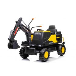 Voiture électrique à conducteur porté Volvo Excavator 12V avec louche avant, siège unique, jaune, siège en similicuir souple, lecteur MP3 avec entrée USB/TF/AUX, propulsion arrière, moteur 2 x 35W, roues EVA, batterie 12V/14Ah, sous licence