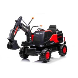 Voiture électrique à conducteur porté Volvo Excavator 12V avec louche avant, siège unique, rouge, siège en similicuir souple, lecteur MP3 avec entrée USB/TF/AUX, propulsion arrière, moteur 2 x 35W, roues EVA, batterie 12V/14Ah, sous licence