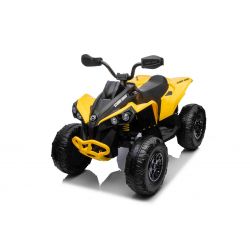 Quad electric enfants 12V, Can-am Renegade, jaune, voiture electrique enfants 12V, lumières LED, batterie 12V, moteurs 2 x 35W, roues souples en EVA, lecteur MP3 avec entrée USB/AUX, sous licence
