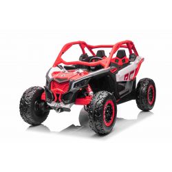Voiture électrique à chevaucher Can-am Maverick, rouge, biplace, suspension avant et arrière, télécommande 2,4 Ghz, batterie portable, 4 moteurs 35 W, roues EVA, siège conducteur réglable, lecteur MP3 avec entrée USB/SD, sous licence
