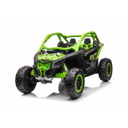 Voiture électrique à chevaucher Can-am Maverick, vert, biplace, suspension avant et arrière, télécommande 2,4 Ghz, batterie portable, 4 moteurs 35 W, roues EVA, siège conducteur réglable, lecteur MP3 avec entrée USB/SD, sous licence