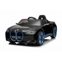 Voiture électrique à chevaucher BMW i4, noir, télécommande 2,4 GHz, USB/AUX/Bluetooth, suspension de roue arrière, batterie 12V, lumières LED, moteur 2 X 25W, licence ORIGINAL