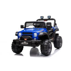 Voiture électrique enfants 12V, All Ride à propulsion, bleu, batterie 12V, Châssis haut, siège large, Suspension sur essieu arrière, Télécommande 2,4 GHz, Lecteur MP3 avec USB, Lumières LED