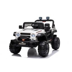Voiture électrique enfants 12V,  All Ride à propulsion arrière, blanche, batterie 12V, Châssis haut, selle large, Suspension sur essieu arrière, Télécommande 2,4 GHz, Lecteur MP3 avec USB, Lumières LED