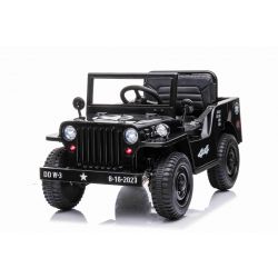 Véhicule électrique USA ARMY-car SMALL, noir, propulsion arrière, monoplace, lecteur MP3 avec entrée USB / AUX, espace de rangement arrière et avant, lumières LED, batterie 12V7AH, roues en plastique, sièges en plastique, télécommande 2,4 GHz