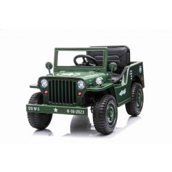 Voiture électrique enfant USA ARMY-car SMALL, verte, propulsion arrière, monoplace, lecteur MP3 avec entrée USB / AUX, espace de rangement arrière et avant, lumières LED, batterie 12V7AH, roues en plastique, sièges en plastique, télécommande 2,4 GHz