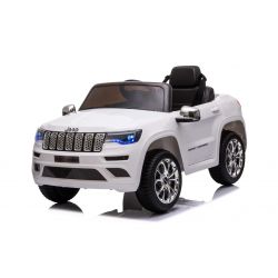 Voiture électrique enfant JEEP GRAND CHEROKEE 12V, BLANC, siège en cuir, batterie 12V / 7AH, portes qui s'ouvrent, moteur 2 x 35W, télécommande 2,4 Ghz, roues Soft EVA, suspension, démarrage progressif, lecteur MP3 avec entrée USB / AUX