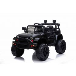 Voiture électrique enfants 12V OFFROAD à traction arrière, noire, batterie 12V, Châssis haut, siège large, Essieux suspendus, Télécommande 2,4 GHz, Lecteur MP3 avec entrée USB, Éclairage LED