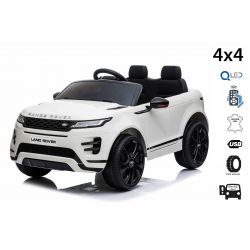 Porteur électrique Range Rover EVOQUE, blanc, siège en similicuir simple, lecteur MP3 avec entrée USB, lecteur 4x4, batterie 12V10Ah, roues EVA, axes de suspension, démarrage à clé, télécommande Bluetooth 2,4 GHz, sous licence