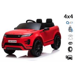 Porteur électrique Range Rover EVOQUE, rouge, siège en similicuir simple, lecteur MP3 avec entrée USB, lecteur 4x4, batterie 12V10Ah, roues EVA, axes de suspension, démarrage à clé, télécommande Bluetooth 2,4 GHz, sous licence