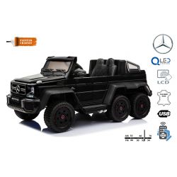 Voiture électrique Mercedes-Benz G63 6X6, écran LCD, lumières de fond, 2,4 GHz, 12 V 14 Ah, boîtier de batterie amovible, 4 X MOTEUR, télécommande, siège en similicuir, roues EVA, radio FM, servomoteur, deux pédales, peint en Noir, Monoplace