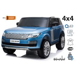 Voiture electrique enfànt range rover 12V, 2 places, peinte en bleu, siège double en similicuir, écran LCD avec entrée USB, lecteur 4x4, 2x batterie 12V7Ah, roues EVA, essieux de suspension, démarrage à clé, télécommande Bluetooth à 2,4 GHz
