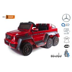 Voiture électrique Mercedes-Benz G63 6X6, écran LCD, lumières de fond, 2,4 GHz, 12 V 14 Ah, boîtier de batterie amovible, 4 X MOTEUR, télécommande, siège en similicuir, roues EVA, radio FM, servomoteur, deux pédales, peint en rouge, monoplace