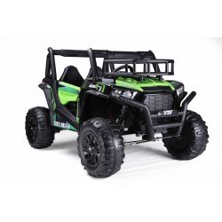 Voiture électrique enfant UTV 24V, verte, deux places en similicuir, télécommande 2,4 GHz, moteurs 2 X 200 W, frein électrique, lumières LED, roues EVA souples avec suspension, lecteur MP3 avec USB/AUX