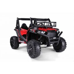 Voiture electrique enfant 24V utv mx rouge, deux places en similicuir, télécommande 2,4 GHz, moteurs 2 X 200 W, frein électrique, lumières LED, roues EVA souples avec suspension, lecteur MP3 avec USB / AUX