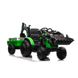 Tracteur électrique TOP-WORKER 12V avec louches et remorque, Monoplace, vert, Télécommande 2.4Ghz, siège PU souple, Lecteur MP3 avec entrée USB, Propulsion arrière, Moteur 2 x 45W, Roues EVA, Batterie 12V / 10Ah