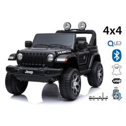 Voiture electrique enfant JEEP Wrangler, noir, Siège double en similicuir, Radio avec entrée Bluetooth et USB, Transmission 4x4, Batterie 12V10Ah, Roues EVA, Essieux de suspension, Télécommande 2,4 GHz, Licence