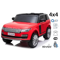 Voiture electrique enfànt range rover 12V, 2 places, rouge, siège double en similicuir, écran LCD avec entrée USB, lecteur 4x4, 2x batterie 12V7Ah, roues EVA, essieux de suspension, démarrage à clé, télécommande Bluetooth à 2,4 GHz