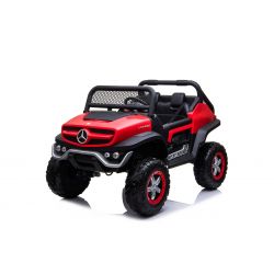 Voiture électrique miniature Mercedes-Benz UNIMOG - Rouge, Télécommande 2,4 Ghz, 4 X 4, Deux places, Suspension, Bouton de démarrage, Roues souples en EVA, USB, Bluetooth