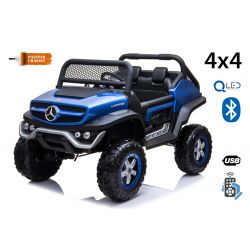 Voiture électrique miniature Mercedes-Benz UNIMOG - Bleue, Télécommande 2,4 Ghz, 4 X 4, Deux places, Suspension, Bouton de démarrage, Roues souples en EVA, USB, Bluetooth