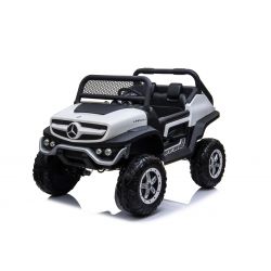 Voiture électrique miniature Mercedes-Benz UNIMOG - Blanc, Télécommande 2,4 Ghz, 4 X 4, Deux places, Suspension, Bouton de démarrage, Roues souples en EVA, USB, Bluetooth