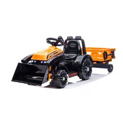 Tracteur électrique FARMER avec poche et remorque, orange, propulsion arrière, batterie 6V, roues en plastique, siège large, moteur 20W, monoplace, commande au volant, lumières LED