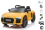 Audi r8 small electrique enfant, jaune, sous licence d'origine, alimenté par batterie, portes ouvrantes, moteur 2x 35 W, batterie 12 V, télécommande 2,4 GHz, roues EVA douces, suspension, démarrage en douceur