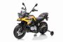 Moto électrique enfants 12V BMW F850 GS, sous licence, batterie 12V, roues souples EVA, moteurs 2 x 35W, lumières LED, roues auxiliaires, lecteur MP3 avec entrée USB / AUX, jaune