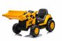 Pelle électrique Caterpillar sous licence avec godet incliné, siège simple, jaune, entrée USB sur lecteur MP3, propulsion arrière avec 2 moteurs de 30W et batterie au lithium.